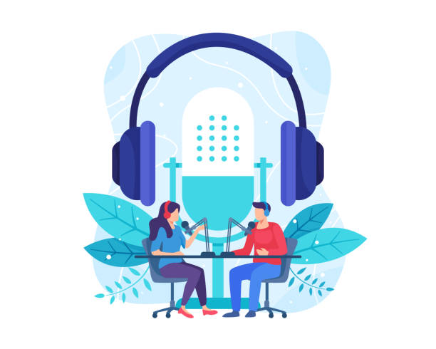 Female radio host interviewing guests on radio station Podcast concept illustration. Podcast in studio flat vector illustration. Man and woman in headphones talking. Vector in flat style radio stock illustrations