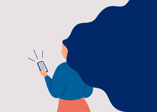 Female reads news on the mobile. Young woman surfing the internet on a smartphone. Girl communicating through the phone. vector art illustration