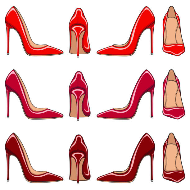 Female red classic shoes with heels. Set of vector color illustrations. Female red classic shoes with heels. Set of vector color illustrations on a white background. lacquered stock illustrations