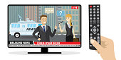 Tv screen,Female reporter with microphone interviewing a businessman,isolated on white background,flat vector illustration