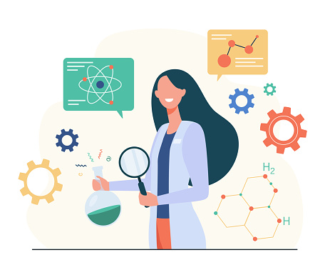 Female scientist doing scientific research in lab, holding magnifying glass and chemical flask, molecule models in background. For science, chemistry, physics, neuroscience concept