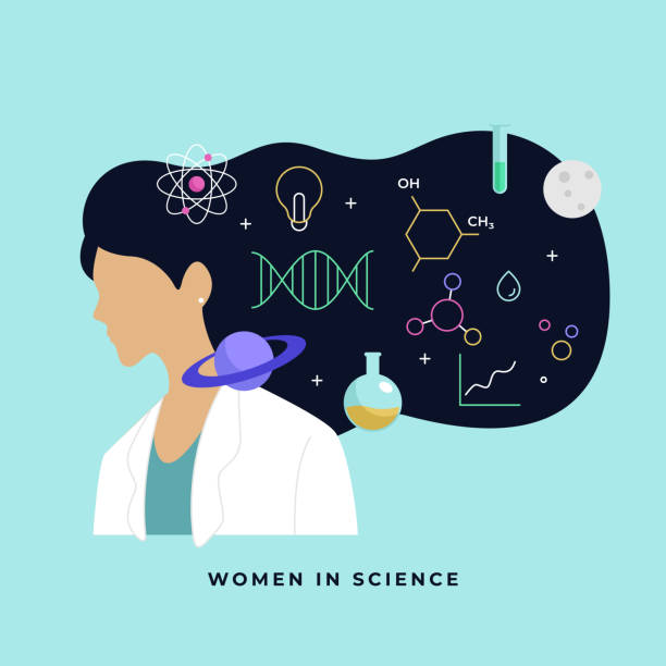 복잡한 과학 지식 벡터 일러스트에 대해 생각하는 긴 머리를 가진 여성 과학자 머리. 과학 포스터 배경에서 여성과 소녀의 국제 날. - science stock illustrations