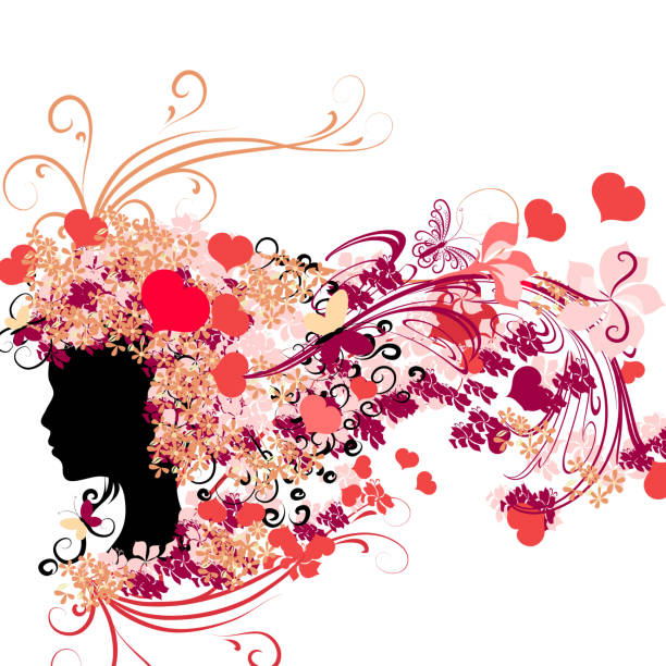 Female silhouette with floral hairstyle and Valentine's hearts Female silhouette with floral hairstyle butterfly fairy flower white background stock illustrations