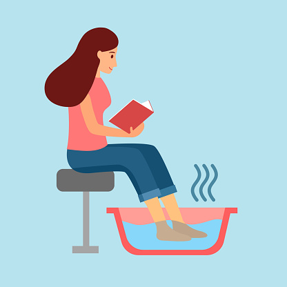 Female soaking feet in bowl filled with warm water at home or spa in flat design. Warming feet for relaxation concept vector illustration. Foot bath.