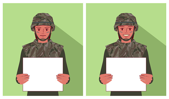 A female soldier holds a blank sign with two different emotions