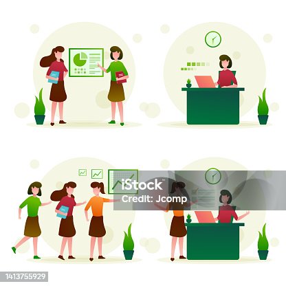 istock Female student presenting report graph in class. Cartoon person presents report at school 1413755929