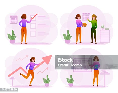 istock Female student presenting report graph in class. Cartoon person presents report at school 1413755950