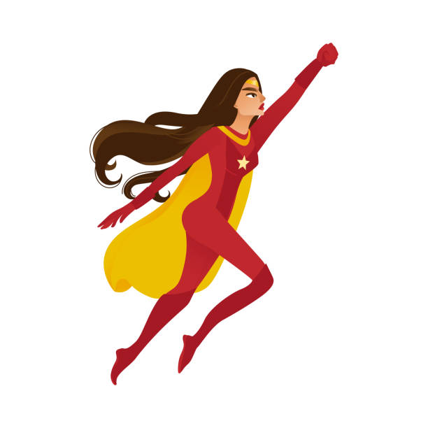 Female superhero in a red costume and a yellow cape flies. Strong female superhero in a red costume and a yellow cape flies. Superwoman with super power in flat cartoon style, vector illustration. superwoman stock illustrations