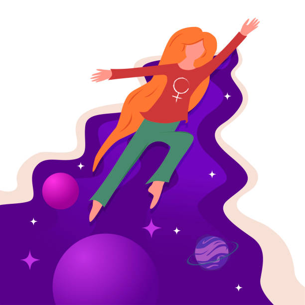 Female superhero is flying through space. Female superhero is flying through space. Isolated object on a white background. Hand-drawn vector illustration. Flat style design. Concept, element of feminism, girl power. spices of the world stock illustrations