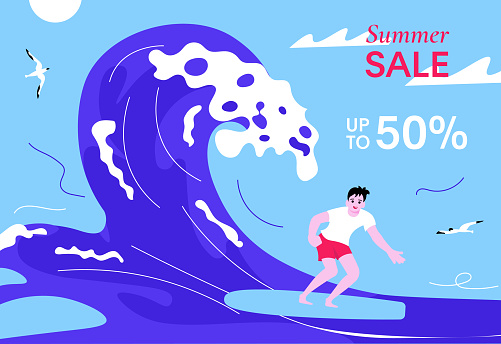 Female surfer on Summer Sale bright colorful banner