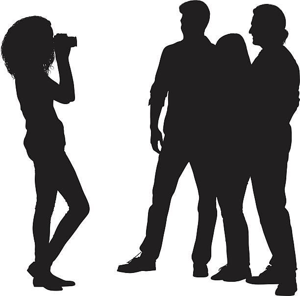Female taking a selfie of her three friends Female taking a selfie of her three friends selfie silhouettes stock illustrations