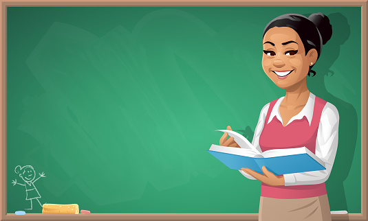Female Teacher With Book In Front Of Blackboard