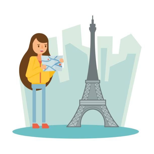 female travelers are reading maps and vacation holiday in eiffel paris, cartoon character pictures of female travelers in the iconic place of the world vacationed stock illustrations