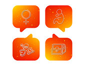 Female, treasure chest and pediatrics icons. Octopus linear sign. Orange Speech bubbles with icons set. Soft color gradient chat symbols. Vector