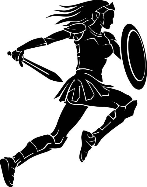 Female Warrior Leap Isolated vector illustration of medieval female warrior with shield and sword warriors stock illustrations