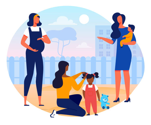 Feminine Happiness, Motherhood Vector Illustration Feminine Happiness, Motherhood Vector Illustration. Young Mothers with Children Cartoon Characters. Pregnant Lady, Mom with Daughter, Woman Holding Infant. Happy Parents, Maternity, Childcare pregnant designs stock illustrations