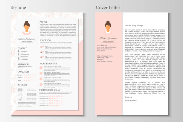Feminine resume and cover letter with infographic design. Feminine resume and cover letter with infographic design. Stylish CV set for women. Clean vector. resume template stock illustrations