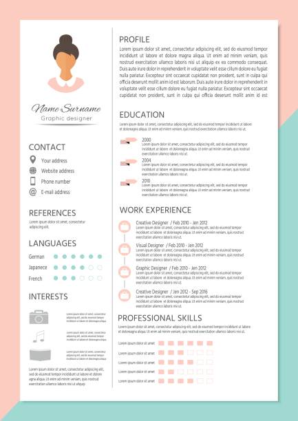Feminine resume with infographic design Feminine resume with infographic design. Stylish CV set for women. Clean vector. resume template stock illustrations