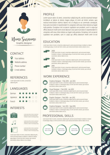 Feminine resume with infographic elements and tropic design. Stylish CV set for women. Clean vector profile.  resume stock illustrations