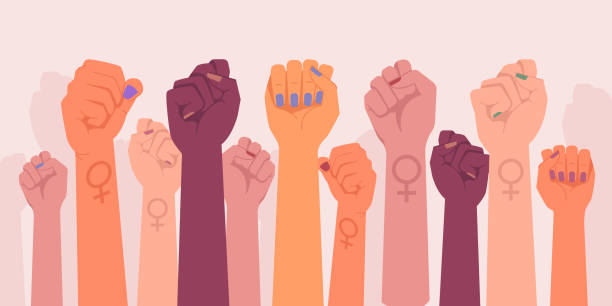 フェミニズム拳、抗議と革命、フェミニストの戦い、ベクトル漫画の平らな手。フェミニズム活動家は、強さ、平等と暴動、女性の権利組合、女性の力と連帯の象徴を拳 - 拳点のイラスト素材／クリップアート素材／マンガ素材／アイコン素材