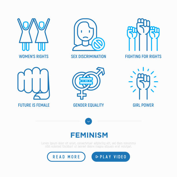 女權主義細線圖示設置: 婦女權利、女孩權力、兩性平等、性別歧視、抗議、爭取權利。現代向量例證。 - 性別歧視 幅插畫檔、美工圖案、卡通及圖標