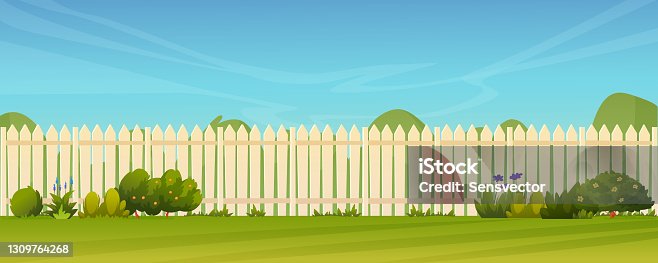 istock Fence and green lawn, rural landscape background. Vector garden backyard with wooden hedge, trees and bushes, grass and flowers, park plants. Spring summer outside landscape. Farm natural agriculture 1309764268
