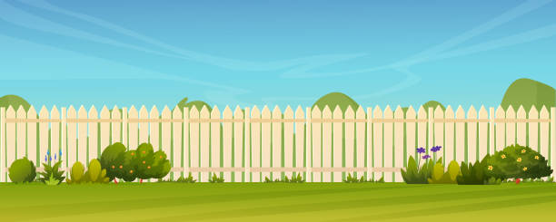 Fence and green lawn, rural landscape background. Vector garden backyard with wooden hedge, trees and bushes, grass and flowers, park plants. Spring summer outside landscape. Farm natural agriculture Fence and green lawn, rural landscape background. Vector garden backyard with wooden hedge, trees and bushes, grass and flowers, park plants. Spring summer outside landscape. Farm natural agriculture house borders stock illustrations