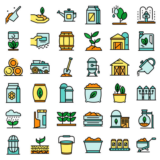 ilustraciones, imágenes clip art, dibujos animados e iconos de stock de los iconos de fertilizantes establecen vector plano - mulch