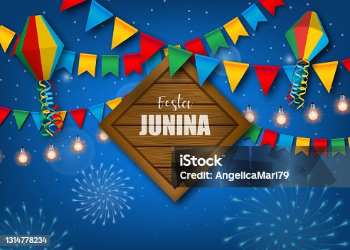 istock Festa Junina background with colorful pennants and balloons. Brazilian June festival poster. 1314778234