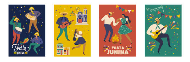 ilustrações, clipart, desenhos animados e ícones de festa junina brasil junho festival. moldes do vetor. - festa junina