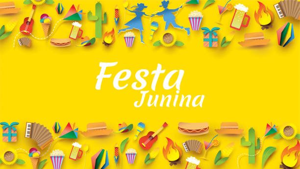 festa junina 節日設計的紙藝術和平面風格與黨旗和紙燈籠, 可用於賀卡, 邀請或假日海報。-向量 - 印尼文化 插圖 幅插畫檔、美工圖案、卡通及圖標