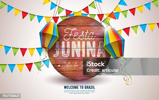 istock Festa Junina Illustration with Party Flags and Paper Lantern on Yellow Background. Vector Brazil June Festival Design Typography Letter on Vintage Wood Board for Greeting Card, Invitation or Holiday Poster. 1147700621