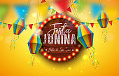 istock Festa Junina Illustration with Party Flags, Paper Lantern and Light Bulb Billboard Letter with Wood Background. Vector Brazil Sao Joao June Festival Design for Greeting Card, Banner or Holiday Poster. 1396199763