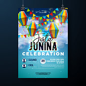 istock Festa Junina Party Flyer Illustration with Paper Lantern and Flag on Blue Cloudy Sky Background. Vector Brazil June Sao Joao Festival Design for Invitation or Holiday Celebration Poster. 1397715899