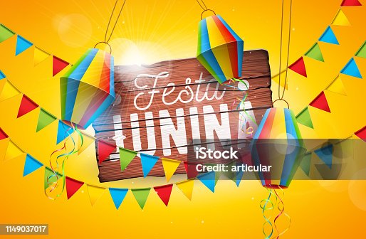 istock Festa Junina Traditional Brazil June Festival Design with Typography Letter on Vintage Wood Board. Vector Celebration Illustration with Party Flags and Paper Lantern on Yellow Background for Banner, Poster, Invitation or Greeting Card. 1149037017