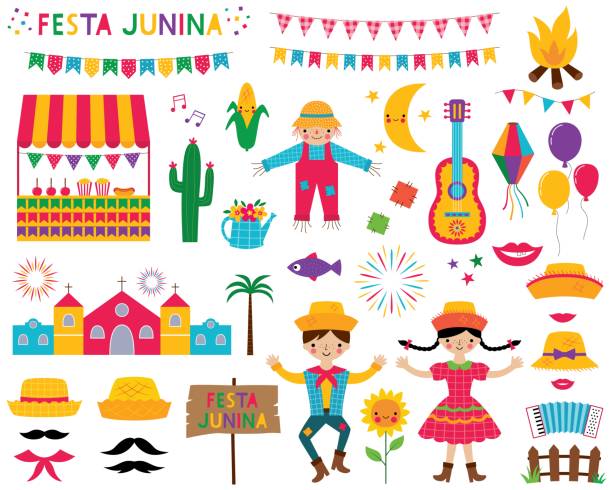 ilustrações, clipart, desenhos animados e ícones de festa junina, partido tradicional de junho de brasil, jogo de elementos do projeto do vetor - festa junina