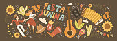 istock Festa Junina! Vector cute illustration of Brazilian Latin American festival. Set of people, guitar, dance, flashlight, accordion, sunflower and objects. Drawings for banner, card, poster, postcard 1217400522