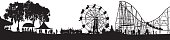 A vector silhouette illustration of a fair in a park with a ferris wheel, rollercoaster, tents, and an orchestra performing.