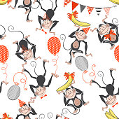 Seamless background with cartoon monkeys and holiday elements. Animal background.