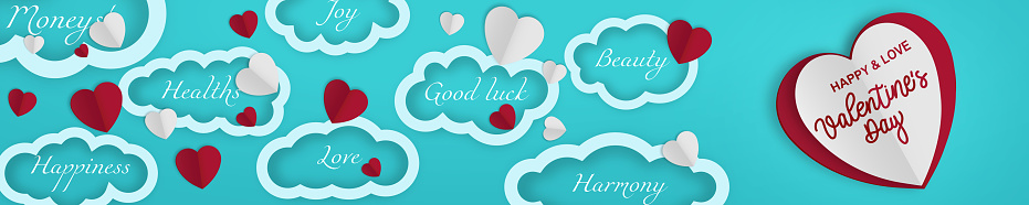A festive banner with paper hearts and clouds for Valentine's Day. Vector illustration with a wish