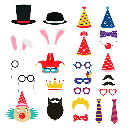 Festive birthday party elements of props. Hats, glasses, masks,