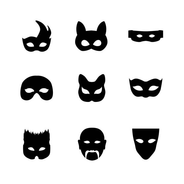 Festive carnival icons Festive carnival mask icons. Isolated vector set of silhouette black disguises for masquerade costumes on white. Halloween monsters mask illustration. avatar borders stock illustrations
