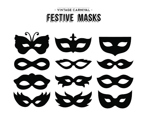 Festive carnival silhouettes mask set isolated Set of festive vintage carnival masks silhouettes isolated over white. EPS10 vector. mardi gras stock illustrations
