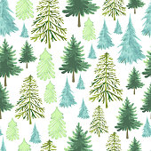 Festive Christmas Trees seamless pattern, different forms of species trees, watercolor green and blue color, as symbol Happy New Year, Merry Christmas holiday celebration. Vector hand drawn holiday texture with spruce, pine trees forest, isolated on white. Winter bright design illustration.