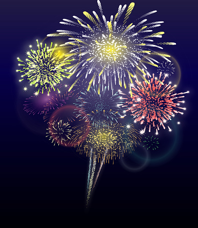 Festive colorful firework bursting in various shapes sparkling pictograms set