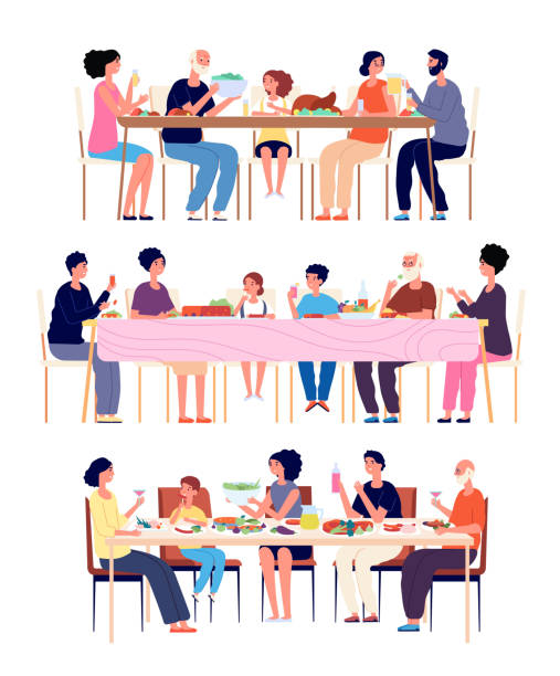 Festive family dinner. Adults eat, holiday dining parents. Big group eating and drinking. Home lunch, generations traditions vector concept Festive family dinner. Adults eat, holiday dining parents. Eating and drinking. Home lunch, generations traditions vector concept. Woman and man eating at table with grandmother and kids illustration family dinner stock illustrations