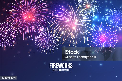 istock Festive fireworks. Realistic colorful firework on blue abstract background. Multicolored explosion. Christmas or New Year greeting card. Diwali festival of lights. Vector illustration 1289983071