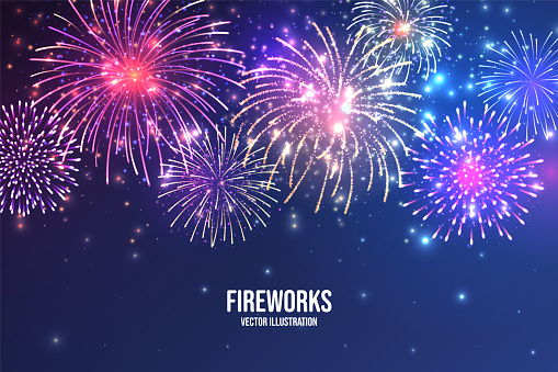 Festive fireworks. Realistic colorful firework on blue abstract background. Multicolored explosion. Christmas or New Year greeting card. Diwali festival of lights. Vector illustration