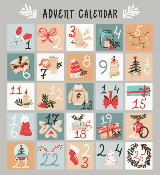 Festive Hand drawn advent calendar Festive Hand drawn advent calendar advent stock illustrations