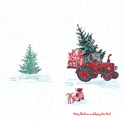 Festive New Year 2019 card. Red tractor with fir tree decorated red balls and holiday gifts White snowy seamless background